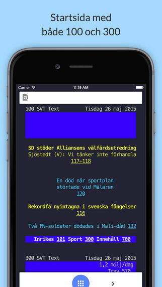 Skärmdump av SVT Text TV från TextTV.nu-appen